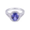 18ct White Gold Cushion Tanzanite 2.07ct & Diamond 0.63ct Halo Cluster Ring With Split Diamond Shoulders