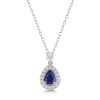 18ct White Gold Pear Cut Blue Sapphire with Diamond Halo Drop Pendant