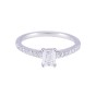 Platinum certificated emerald cut diamond 4 claw with 4 claw diamond set shoulders. Total weight approx 0.72ct. Colour D Clarity SI1