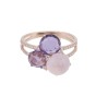 18ct rose gold 3 stone fancy ring with amethyst, pink quartz and diamond.