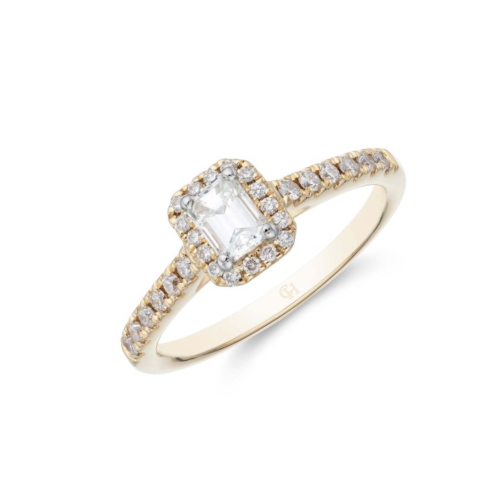 18ct Yellow Gold Emerald Cut 0.60ct Diamond Halo Solitaire Ring