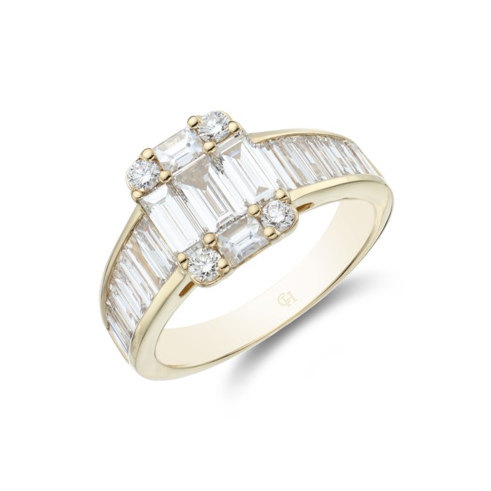 18ct Yellow Gold Baguette Cut 1.75ct Diamond Cluster Ring 