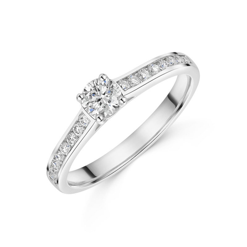 Platinum 4 Claw 0.33ct Round Brilliant Diamond Solitaire Ring with Channel Set Shoulders