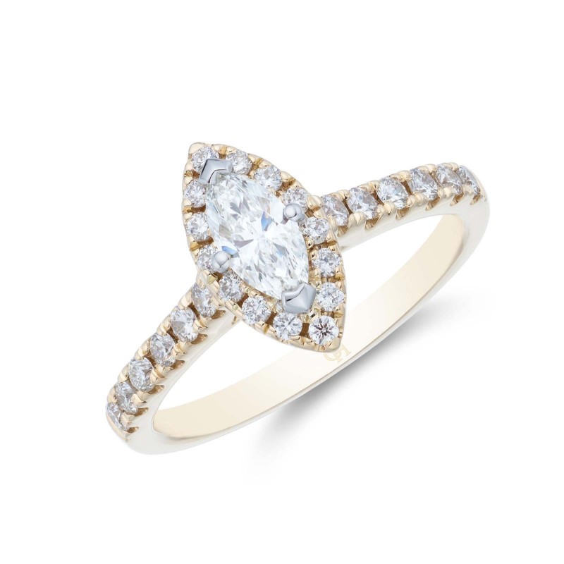 18ct Yellow Gold Marquise Cut 0.70ct Diamond Halo Solitaire Ring