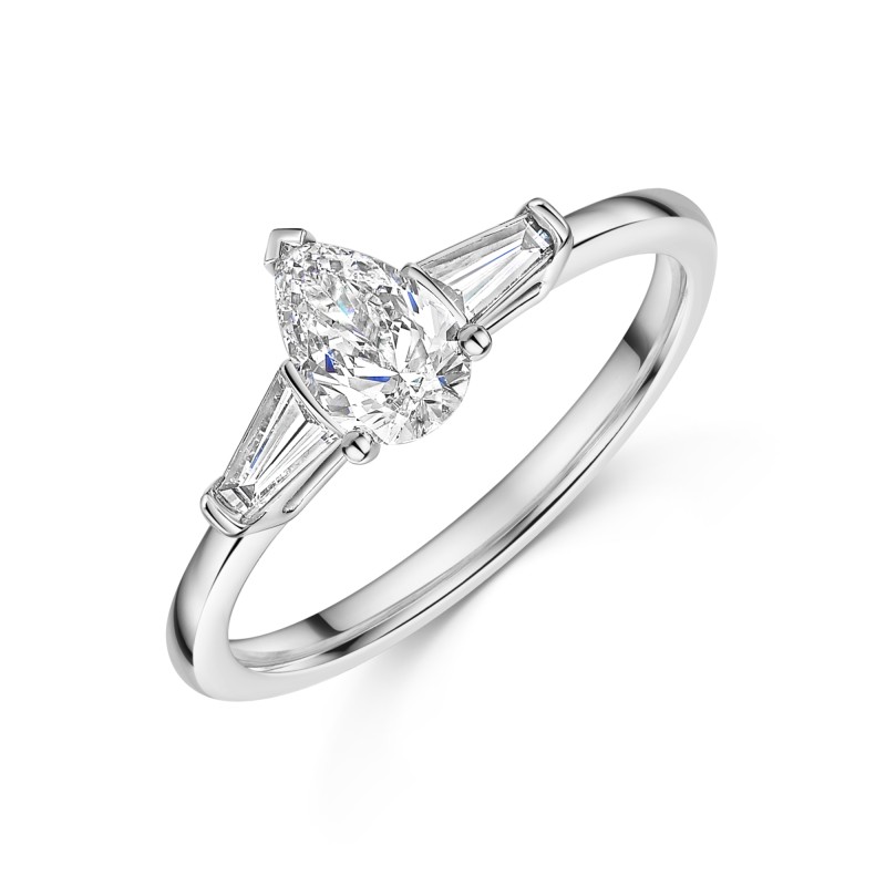 Platinum 0.50ct Pear Diamond Solitaire Ring with Baguette Cut Shoulders