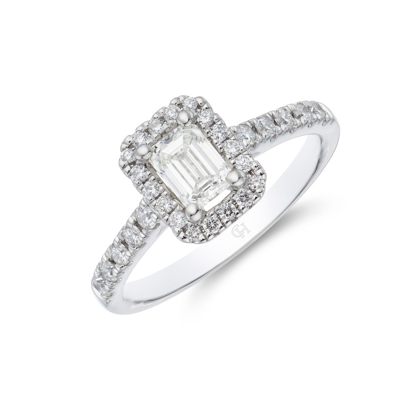Platinum Emerald Cut 0.80ct Diamond Halo Ring
