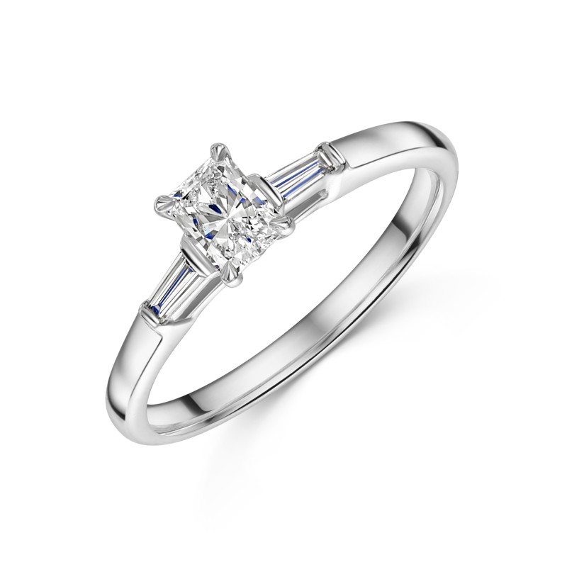 Platinum Radiant 0.40ct Diamond Solitaire Ring with Baguette Shoulders