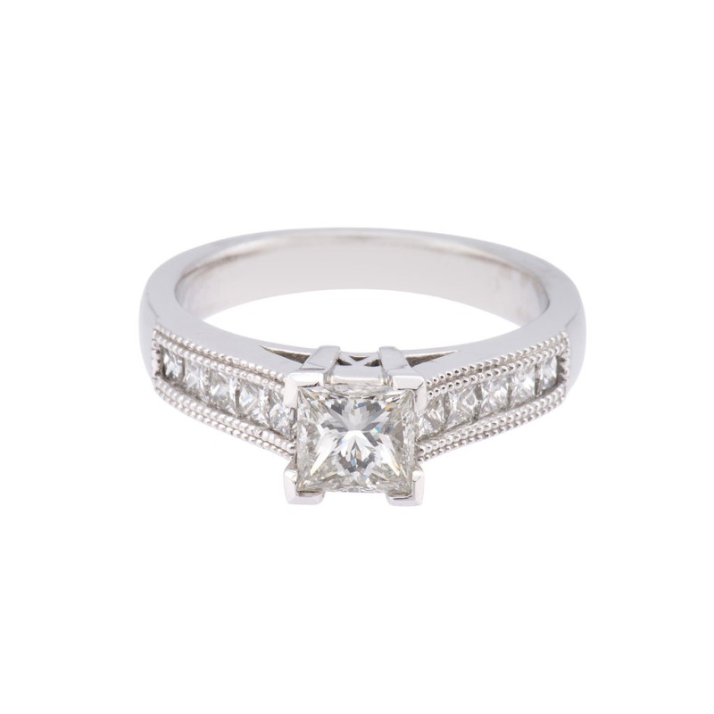 18ct White Gold Princess Cut Diamond Engagement Ring With Channel Set Diamond Shoulders, Total Weight 1.22ct