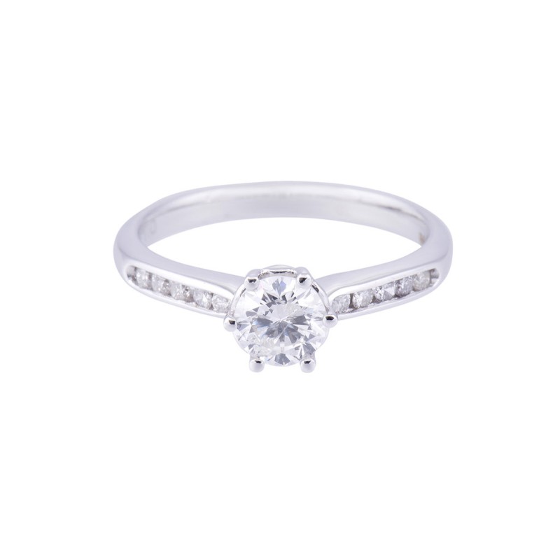 18ct White Gold Round Brilliant Diamond Engagement Ring With Diamond Shoulders, Total Weight 0.65ct.