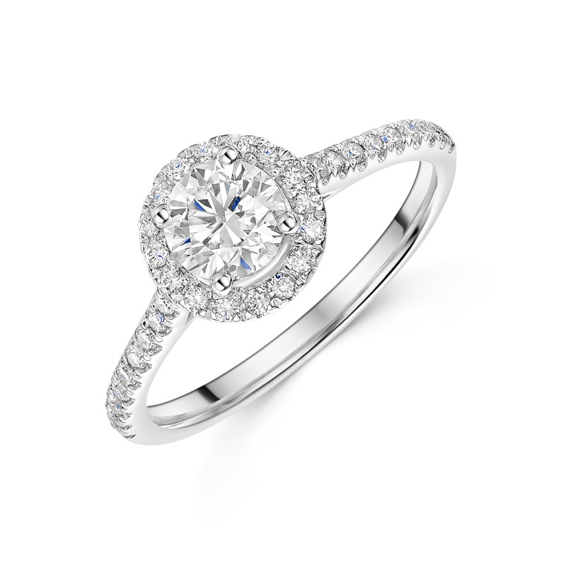 Platinum Round Brilliant 0.60ct Diamond Solitaire with Diamond Halo and Shoulders Ring