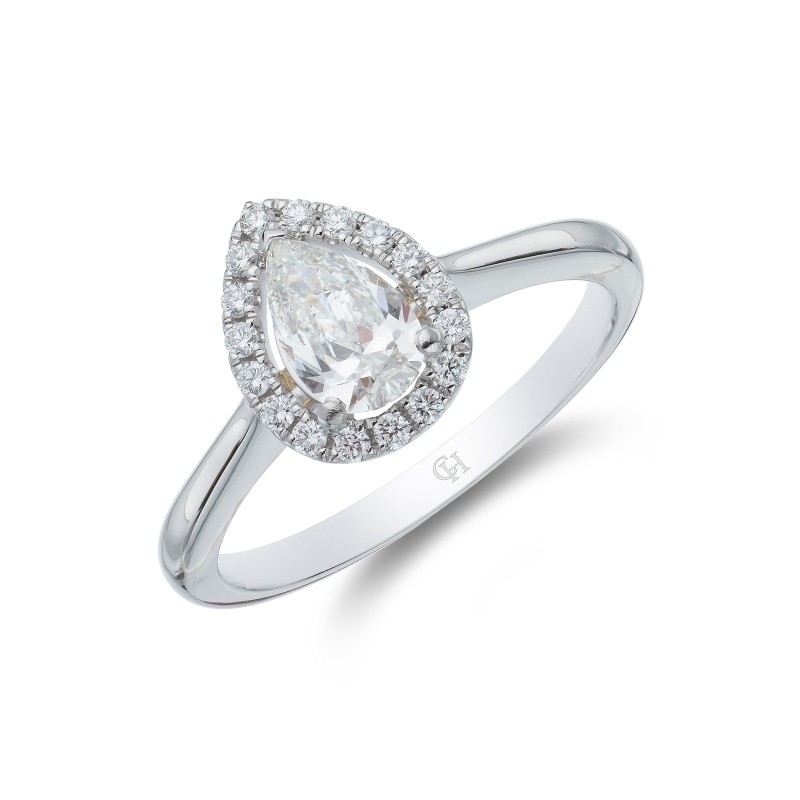 Platinum Pear Cut 0.50ct Diamond Halo Ring with Diamond Shoulders