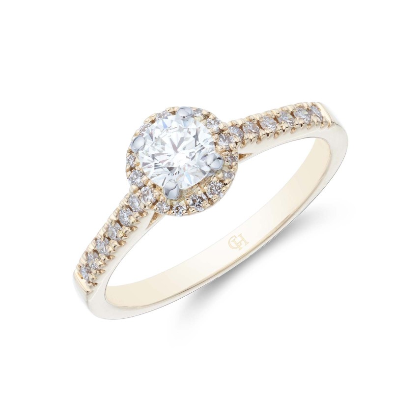 18ct Yellow Gold Brilliant Cut 0.50ct Diamond Halo Solitaire Ring 