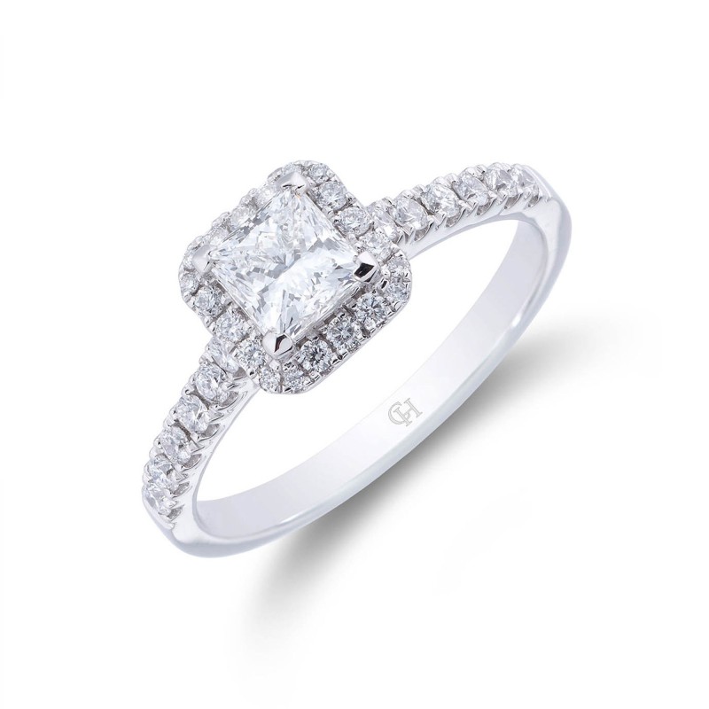Platinum Princess Cut 0.90ct Diamond Halo Ring