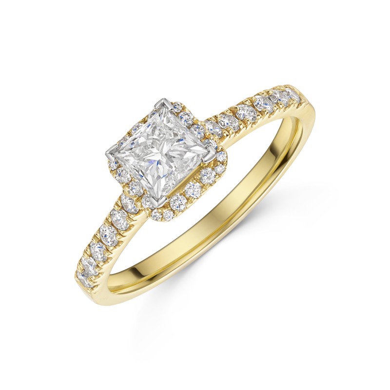 18ct Yellow Gold Princess Cut 1.10ct Diamond Halo Solitaire Ring