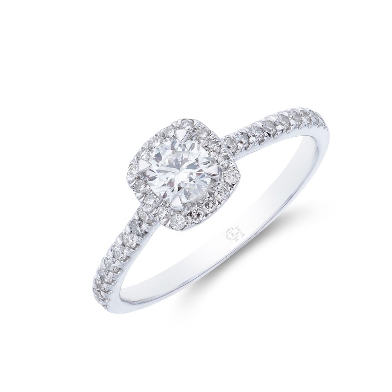 9ct White Gold 0.50ct Cushion Cut Diamond Halo Solitaire Ring
