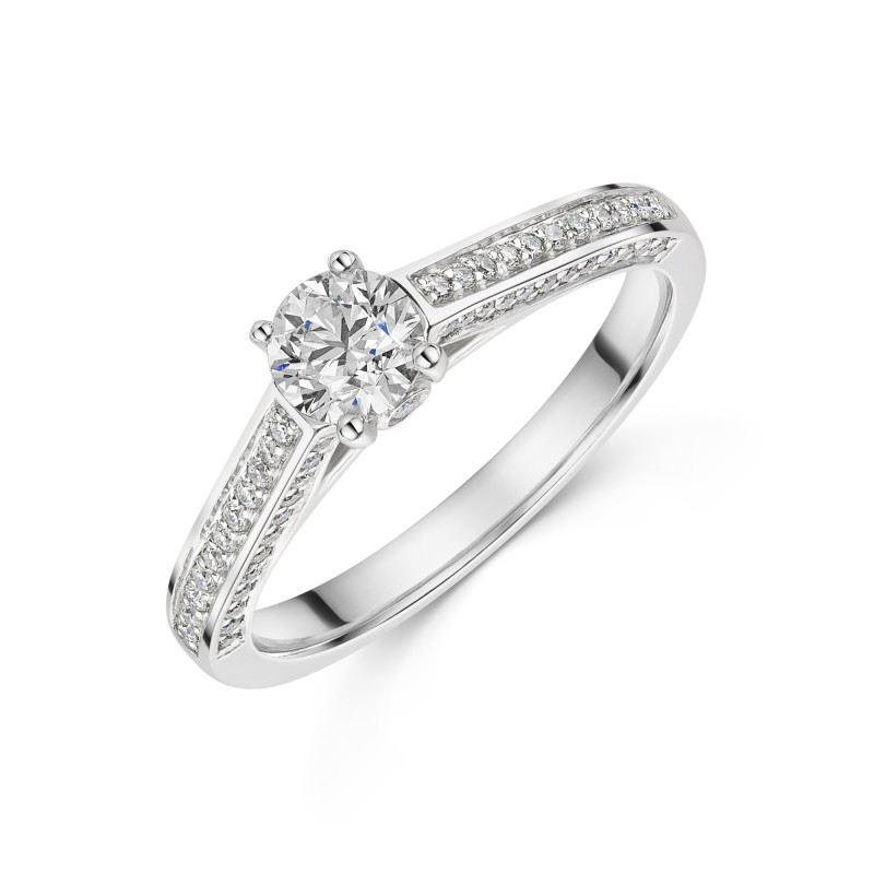 Platinum Round Brilliant 0.50ct Diamond Ring with Pave Set Shoulders