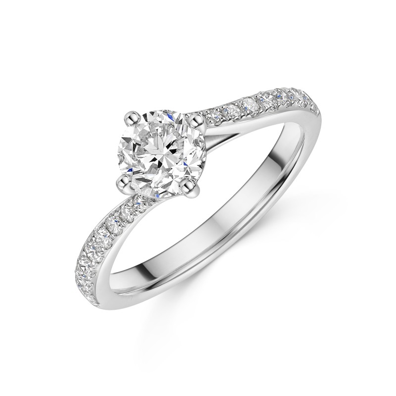 Platinum Round Brilliant 0.75ct Diamond Twist Ring with Diamond Set Shoulders