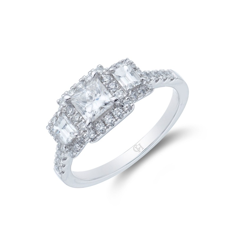 Platinum Princess Cut 1.20ct Diamond Halo Three Stone Ring