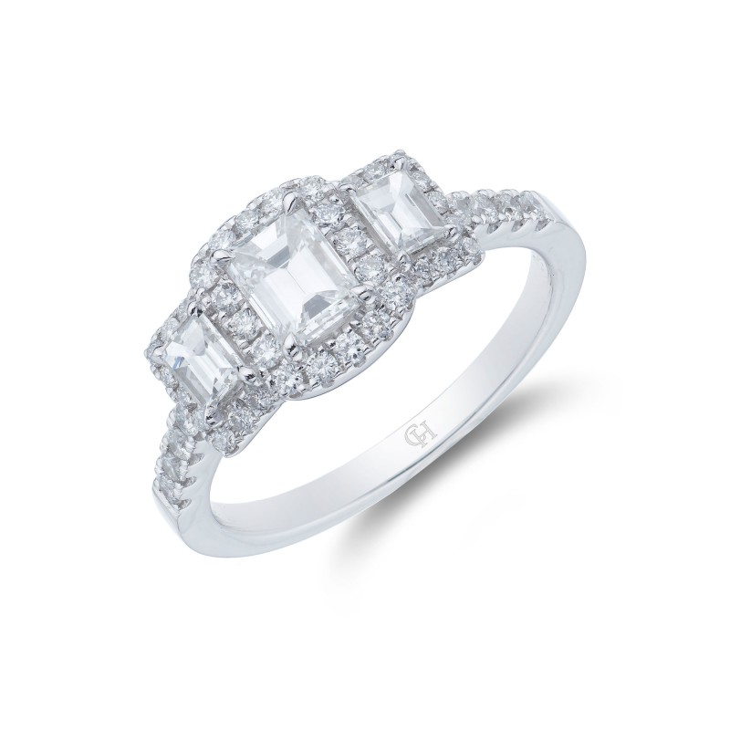 Platinum Emerald Cut 1.15ct Diamond Halo Three Stone Ring