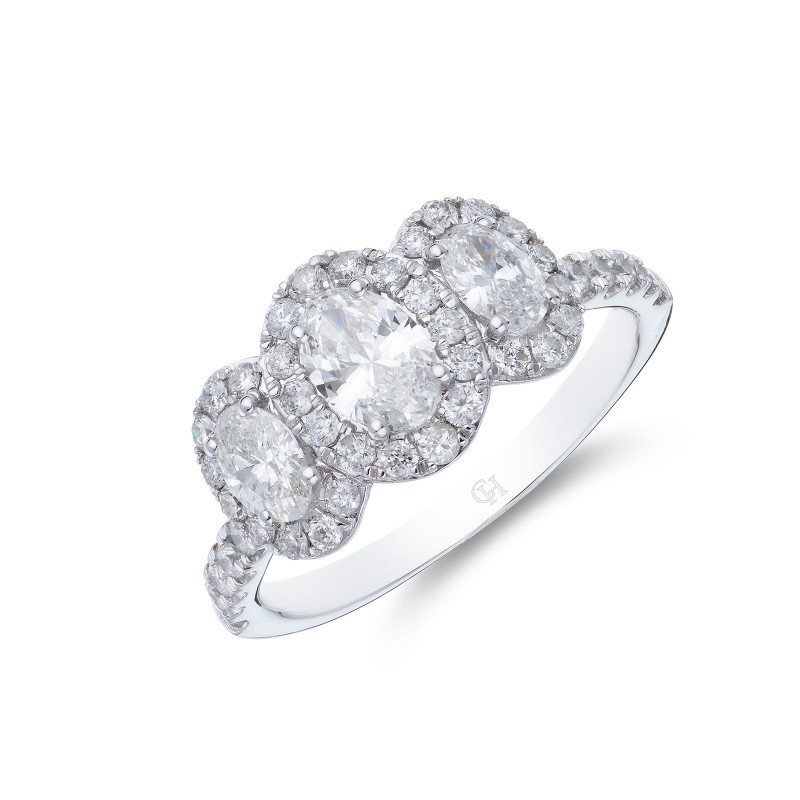 Platinum Brilliant Oval Cut 1.37ct Halo Diamond Three Stone Ring