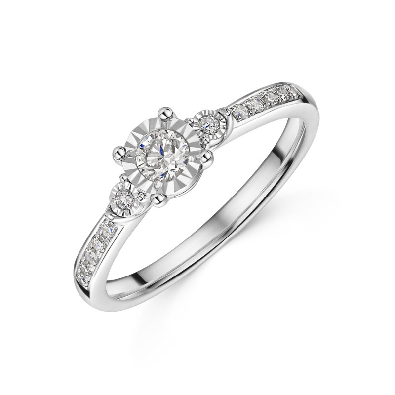 9ct White Gold 0.25ct Illusion 3 Stone Diamond Ring with Diamond Shoulders