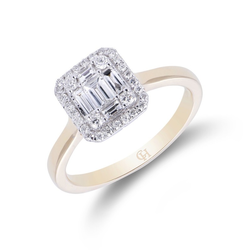 18ct Yellow Gold Baguette and Brilliant Cut 0.45ct Diamond Cluster Ring