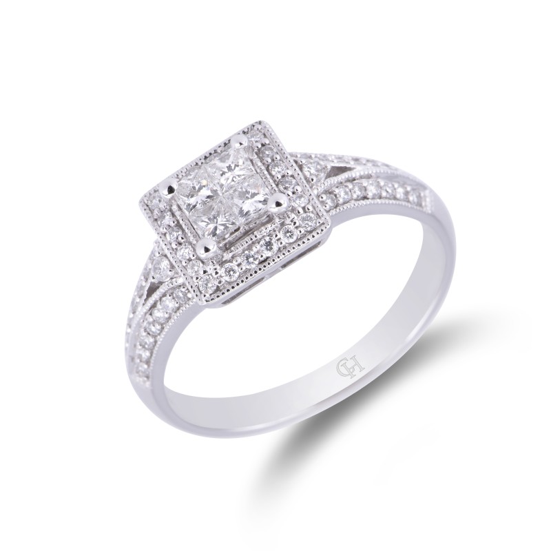 18ct White Gold 0.53ct Princess Cut Diamond Tile Cluster and Diamond Shoulders Ring