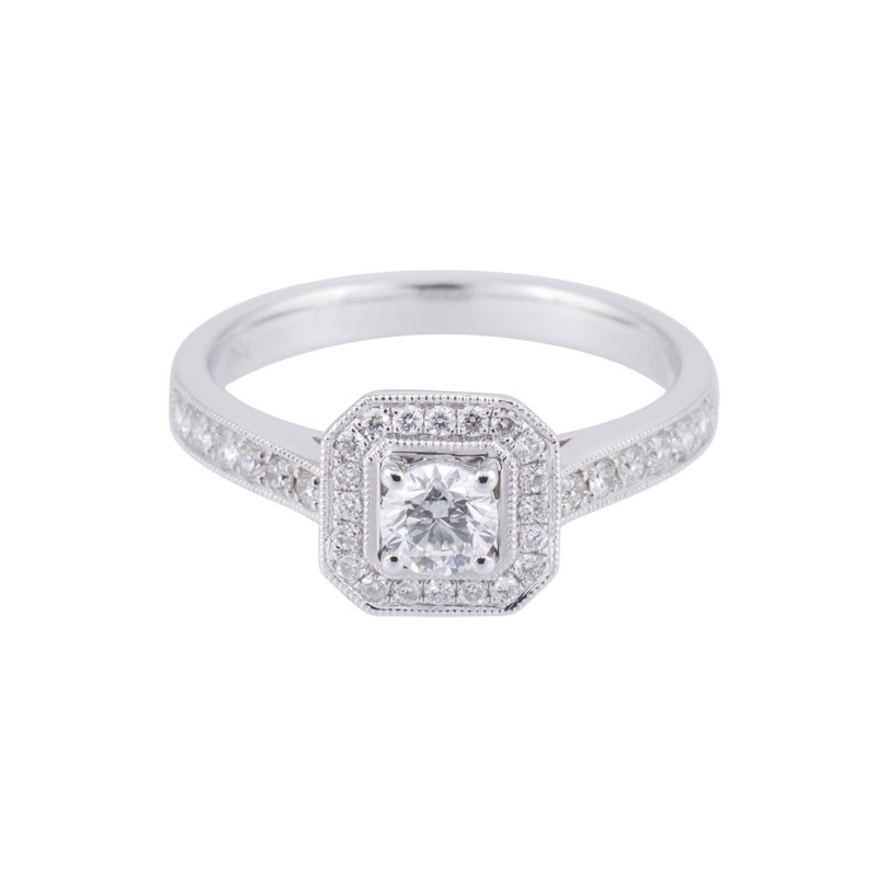 18ct white gold round brilliant octagonal millgrain set diamond 0.60ct cluster ring