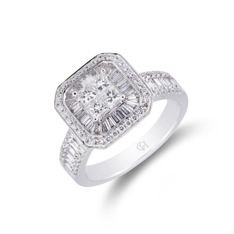 18ct White Gold Baguette and Brilliant Cut 1.50ct Diamond Cluster Ring