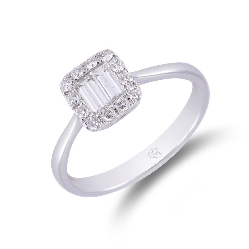 18ct White Gold Approx 0.45ct Baguette Cut & Round Brilliant Cut Diamond Cluster Ring