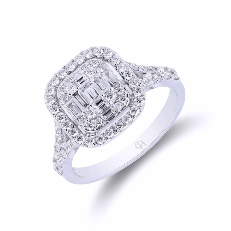 18ct White Gold Baguette and Brilliant Cut 1.00ct Diamond Cluster Ring