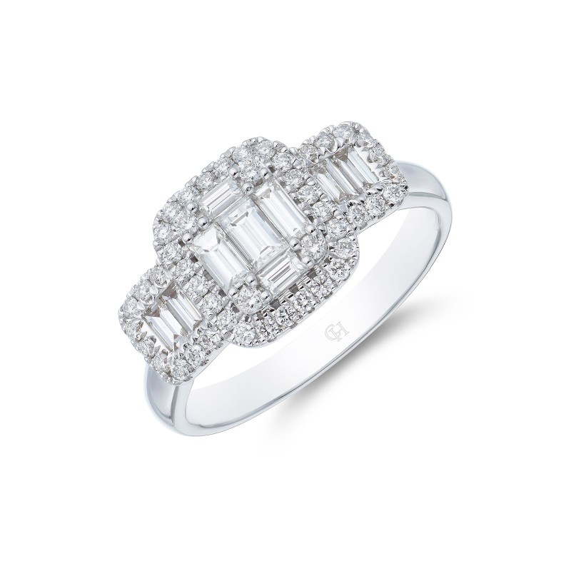 18ct White Gold 0.76ct Baguette and Round Brilliant Trilogy Diamond Cluster Ring