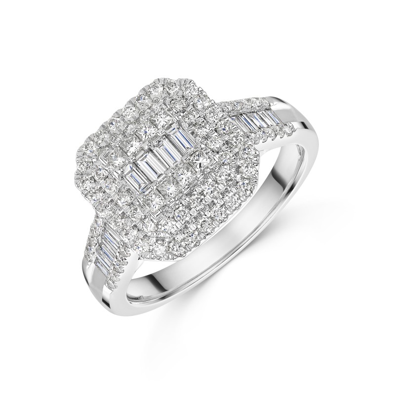 18ct White Gold Baguette & Round Brilliant Cut 1.00ct Diamond Cluster Ring