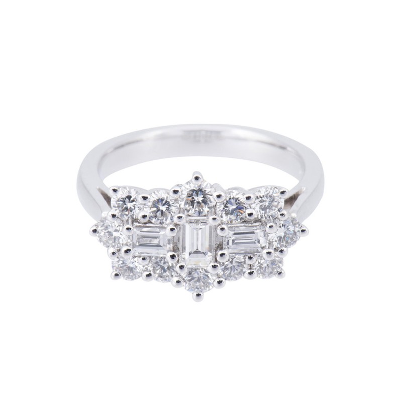 Platinum 1.52ct Round Brilliant and Baguette Diamond Boat Cluster Ring