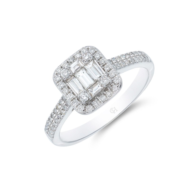 9ct White Gold 0.51ct Baguette and Round Brilliant Double Row Diamond Cluster Ring