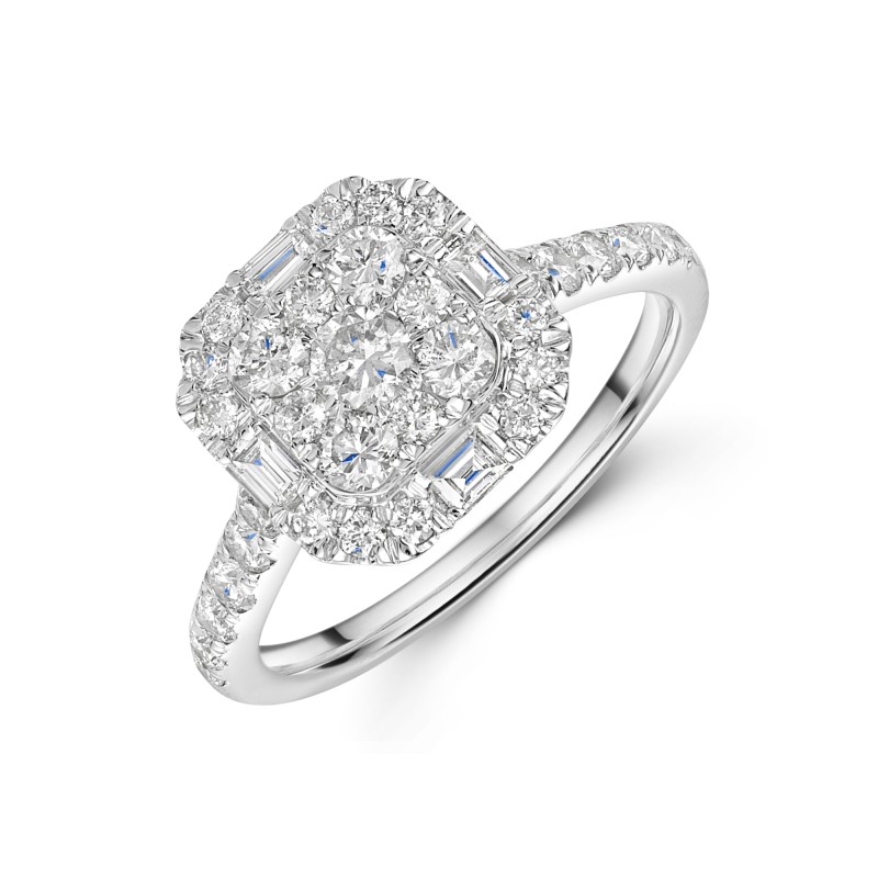9ct White Gold 1.00ct Round Brilliant & Square Cluster Diamond Ring 