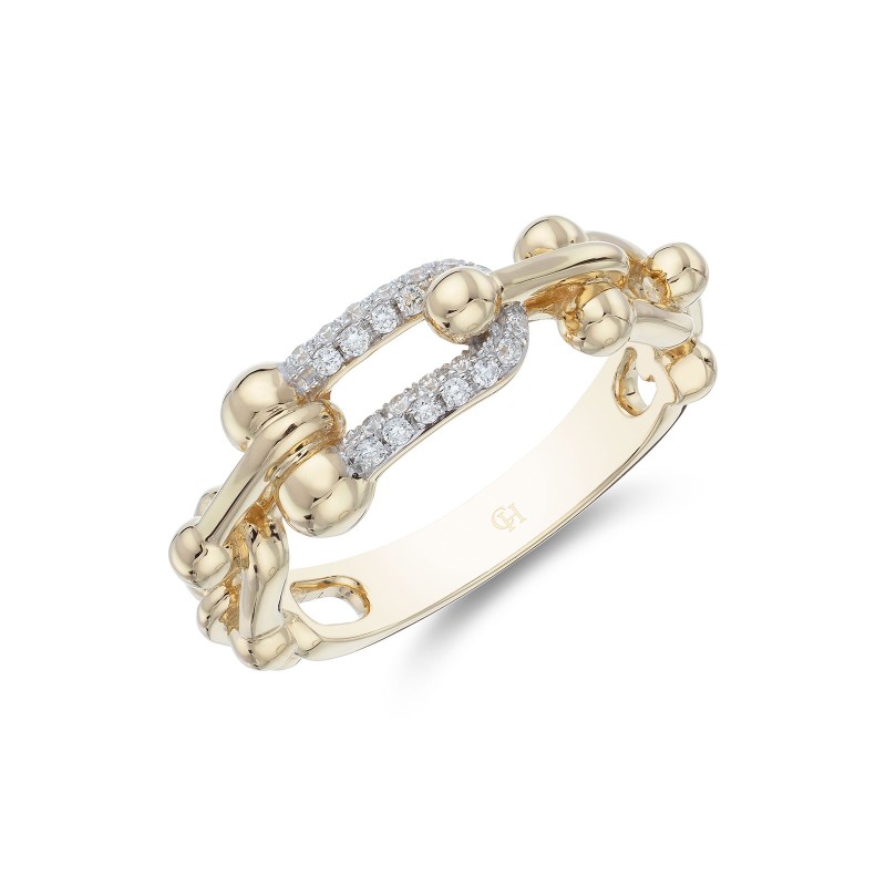 18ct Yellow Gold Round Brilliant Pave 0.13ct Diamond Link and Ball Ring