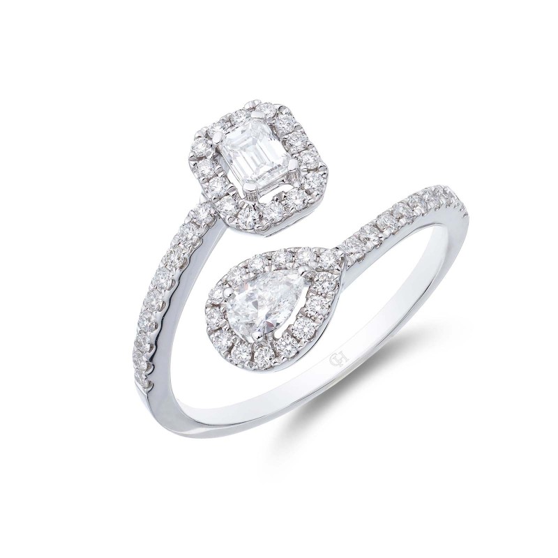 18ct White Gold Pear Emerald & Brilliant Cut 0.65ct Diamond Crossover Ring