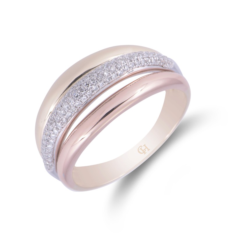 9ct Three Colour 0.25ct Round Brilliant Cut Diamond Triple Row Band