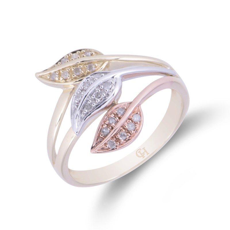 9ct 3 Colour Gold Brilliant Cut 0.10ct Diamond Leaf Fancy Band