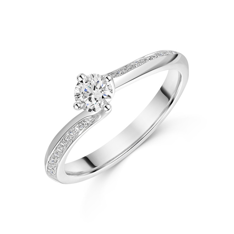 Platinum Round Brilliant 0.33ct Diamond Cross Over Solitaire Ring with Pave Set Shoulders