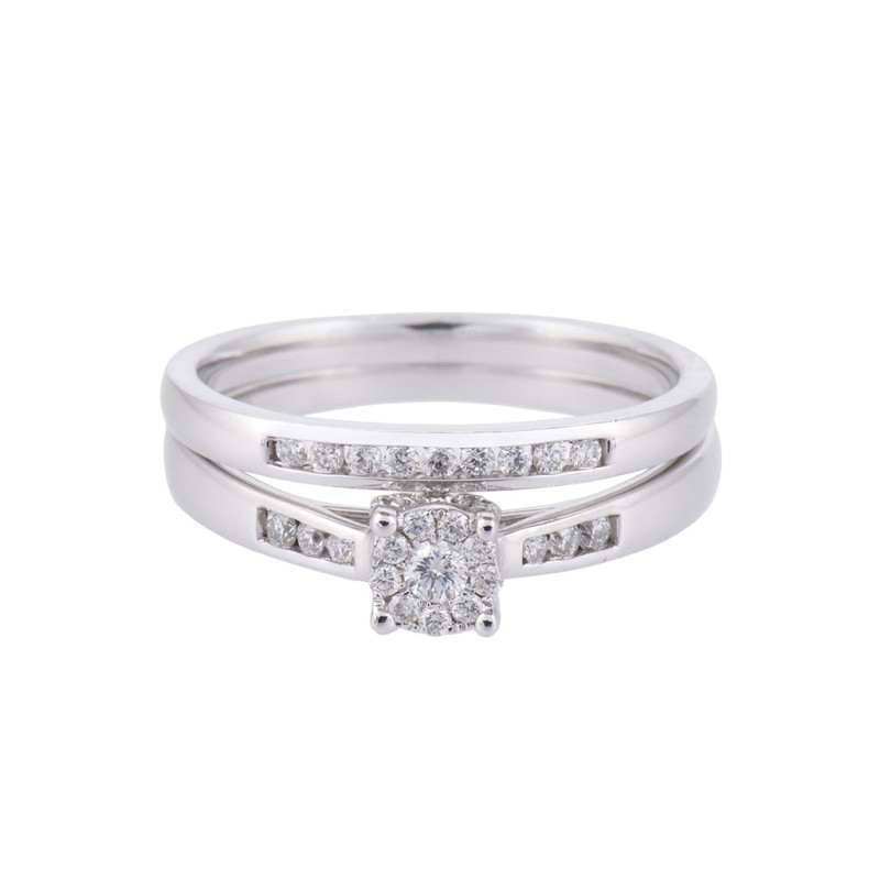 9ct White Gold Round Brilliant Cluster With Diamond Shoulders and Matching Band 0.33ct