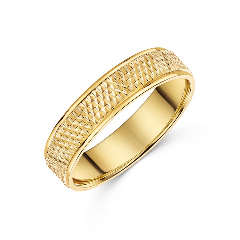 9ct Yellow Gold 5mm Patterned Gents Wedding Band
