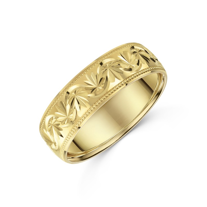 9ct Yellow Gold 6mm Diamond Cut Gents Wedding Ring