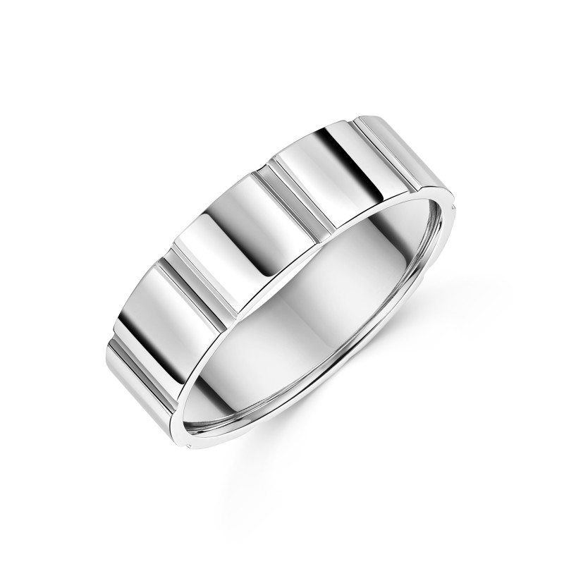 9ct White Gold 6mm Line Pattern Gents Wedding Band
