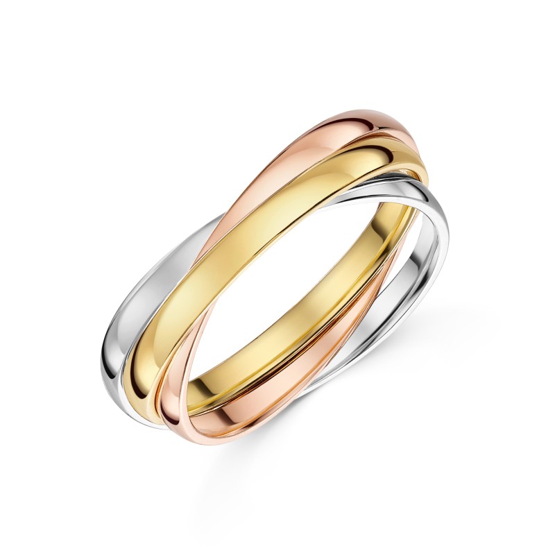 9ct White, Yellow and Rose Gold 2mm 3 Band Russian Wedding Ring