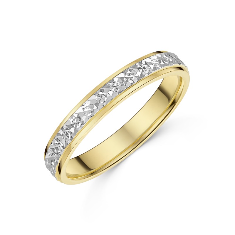9ct Yellow and White Gold 3mm Single Row Sparkle Cut Wedding Band