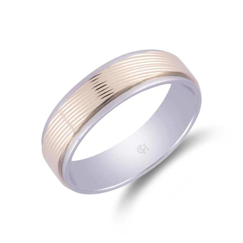 9ct Yellow Gold & Palladium Patterned Wedding Ring 6mm