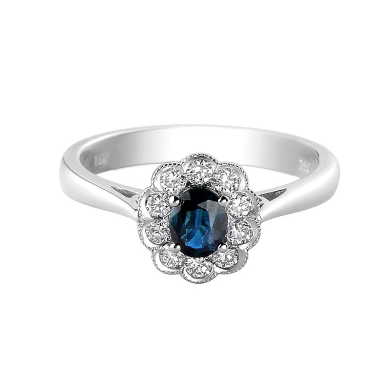 18ct white gold oval sapphire 0.48ct and round brilliant diamond 0.26ct cluster ring
