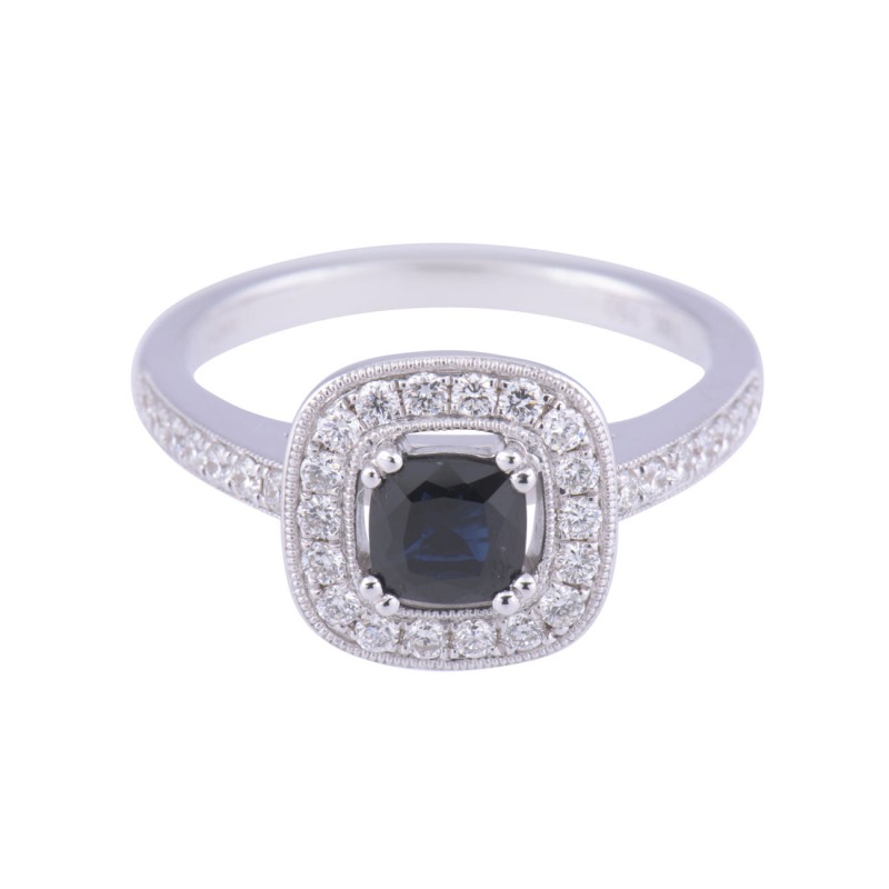 18ct White Gold 0.74ct Round Brilliant Sapphire and 0.38ct Diamond Cluster Ring